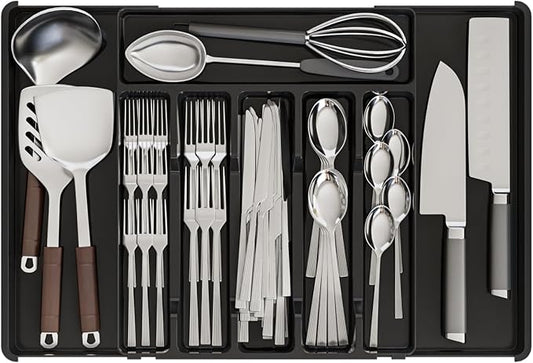 Black Expandable Silverware Drawer Organizer - Adjust From 11'' to 22'' - Knife,Cutlery,Spoons and Forks Organizer,Large 8 Grid Flatware,Silverware Tray,Utensil Organizer for Kitchen Drawers