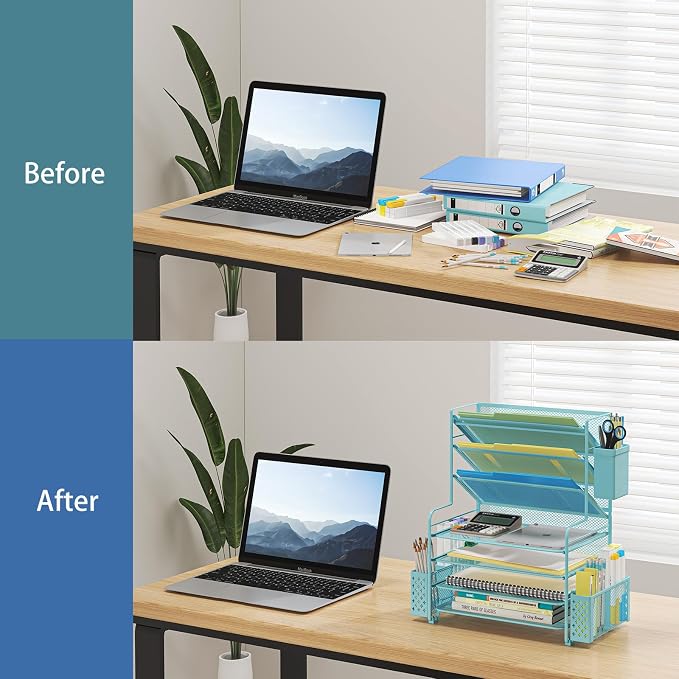 Simple Trending 7 Tier Desk File Organizer, Letter Tray Paper Organizer with Pen Holder and Metal Hanging Basket, Blue