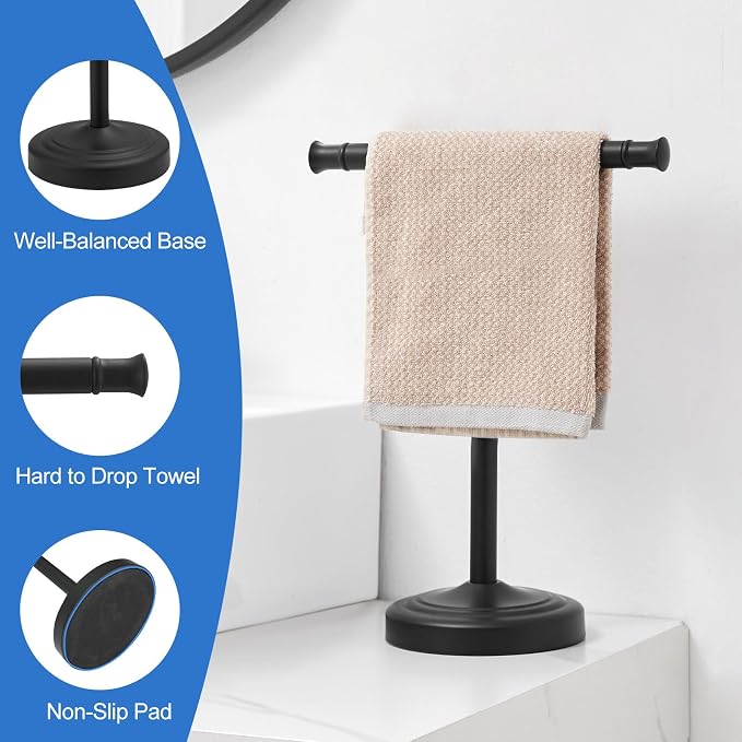 RUMOSE Matte Black Hand Towel Holder Stand Countertop Towel Rack | 13 Inch Bathroom Kitchen Vanity T-Shape Towel Stand Free Standing Stainless Steel Towel Bar Towel Ring