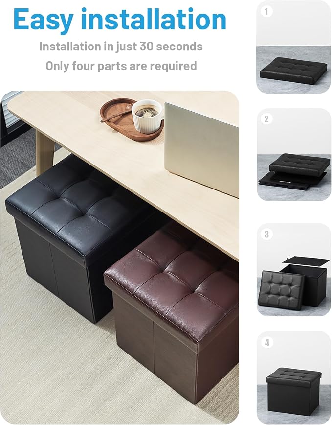 Bsketa Storage Ottoman Bench,17 Inch Folding Leather Foot Rest Stool, Black | Small Ottoman with Side Pockets, Thicker Foam Padded Seat, Livingroom, Dorm, Bedroom, Easy to install, 43L,17x13x13in