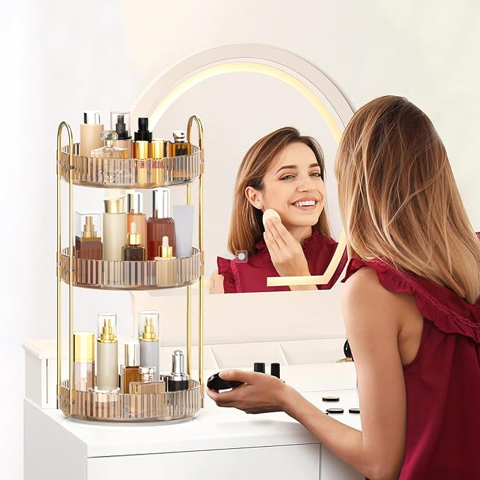 MOKANI 360 Rotating Makeup Organizer for Vanity, 3 Tier Perfume Organizer | Adjustable Multi-Function Spinning Cosmetics Skincare Storage for Bedroom, Dresser, Countertop, Amber
