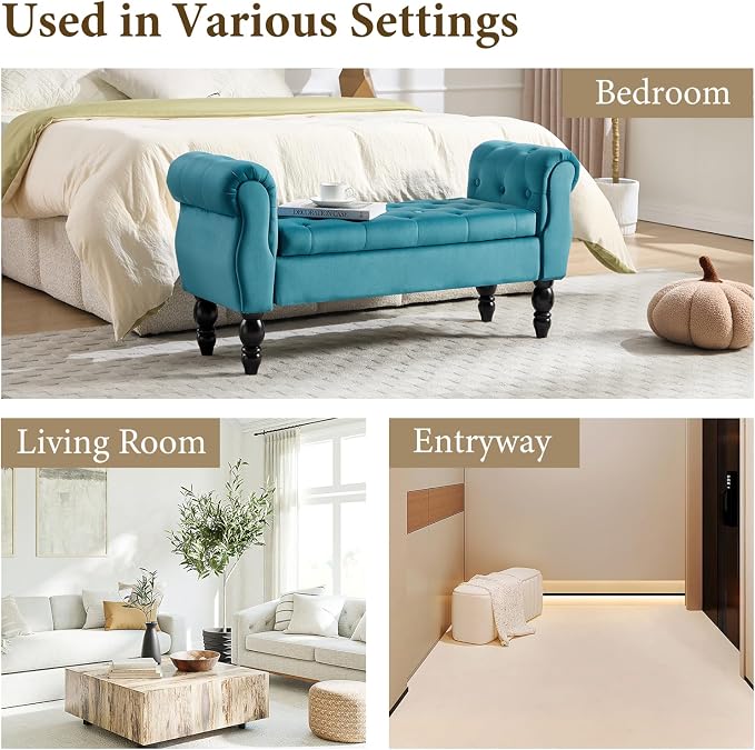 47″ Storage Bench with Arms End of Bed Bench,Velvet Entryway Bench with Storage, Button Tufted Upholstered Ottoman Bench Wood Legs, Window Sitting Bench for Bedroom/Living Room/Hallway, Teal