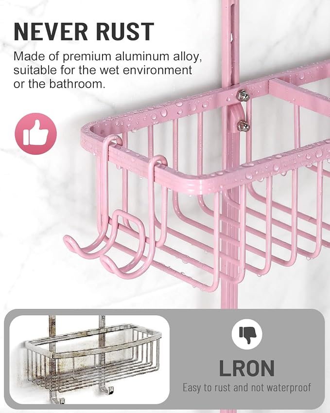 Adjustable Shower Caddy Hanging for Handheld Showerheads - Never Rust Shower Hanging Organizer, Upgraded Bathroom Shower Rack with Soap Basket, Hooks and Toothbrush Holder (Pink)