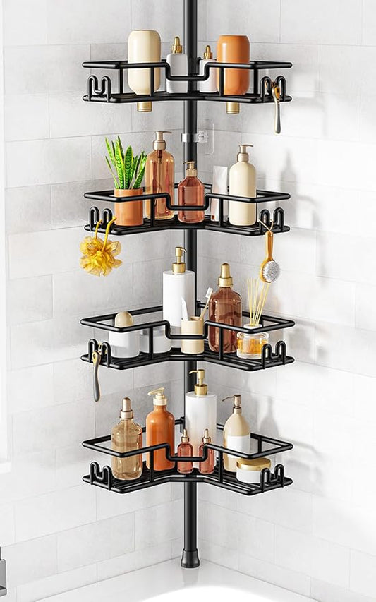 HAMITOR Shower Caddy Tension Pole: 4-Tier Adjustable Corner Organizer Black | Heavy Duty Rustproof L-Shaped Shelves- No Drilling Space-Saving Storage Rack for Family & Renters- 47.72-123.6 inch