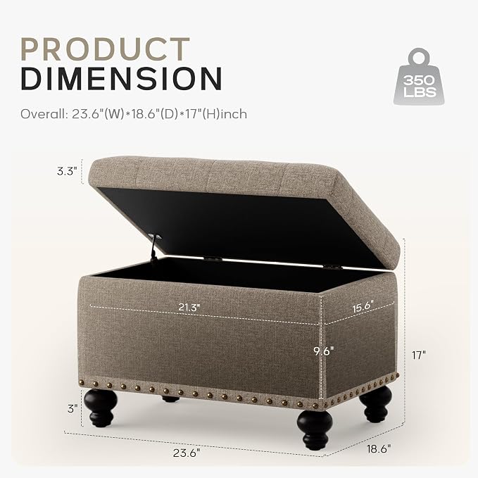 Zihanhome Small Ottoman with Storage, Upholstered Button Tufted Ottoman Foot Rest, Foot Stools, 24" Rectangle Bench with Storage for Living Room, Bedroom, Dorms and Apartments (Brown)