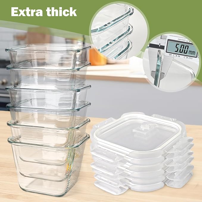 Borosilicate Glass Soup Containers with Lids, 4 Cup/32 oz, 6 Pack | Microwave Dishwasher Oven Freezer Safe | Airtight Leak Proof | Food Grade | Square Soup Meal Prep | Lunch | Food Storage Set