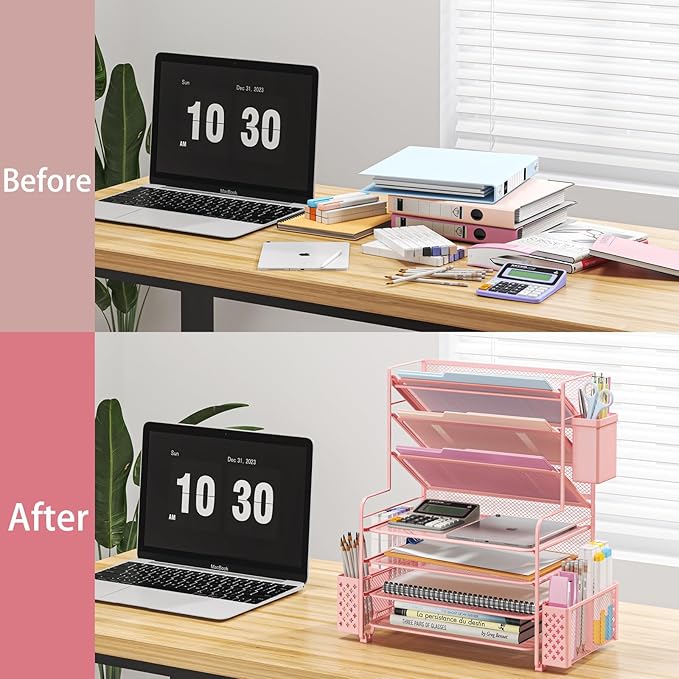Simple Trending 7 Tier Desk File Organizer, Letter Tray Paper Organizer with Pen Holder and Metal Hanging Basket, Pink