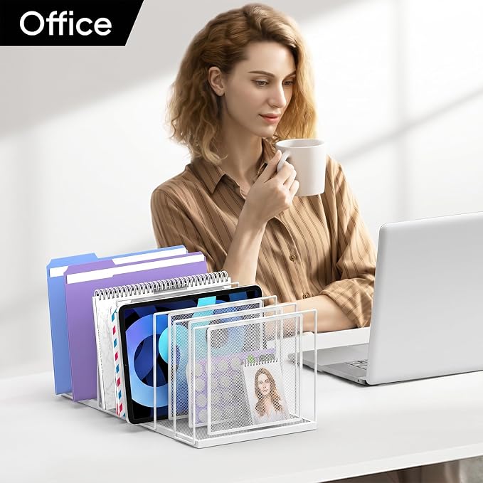 File Organizer for Desk, 7-Section Vertical File Sorter, Paper Holder Organizer Standing Metal File Folder for Office Home Classroom, White