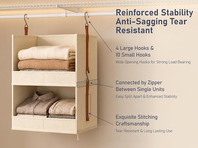 DIMJ Hanging Closet Organizer - 5-Tier Modular Hanging Shelves with Zippers Hooks, Collapsible Baskets for RV, Dorm, Small Spaces, Fabric Storage Bins for Clothes, Handbags