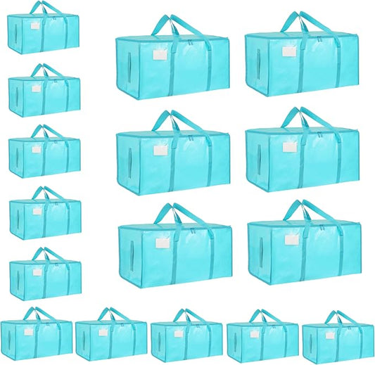 16 Pack-Extra Large Heavy Duty Moving Bags - Waterproof Storage Totes with Handles & Zippers, Foldable for College Dorm, Storage (lake blue)
