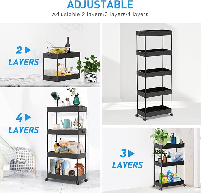 SPACEKEEPER 5 Tier Storage Rolling Cart, Bathroom Cart with Wheels, Black | Mobile Storage Cart for Laundry Room Organization,Kitchen,Office,Bathroom, Utility Cart for Snack,Craft,Art,Makeup,Nail,Toys