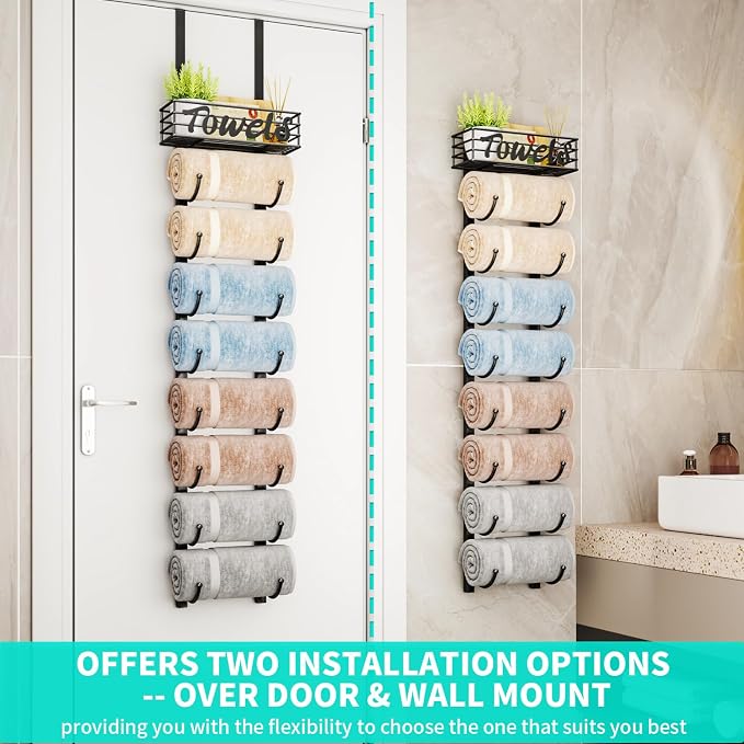 HapiRm Towel Racks for Bathroom Storage - 9 Tier Over The Door & Wall Mount Rolled Towel Storage Organizer Holder with Metal Shelf Basket for Small Bathroom, Camper, Rv - Black, Patented
