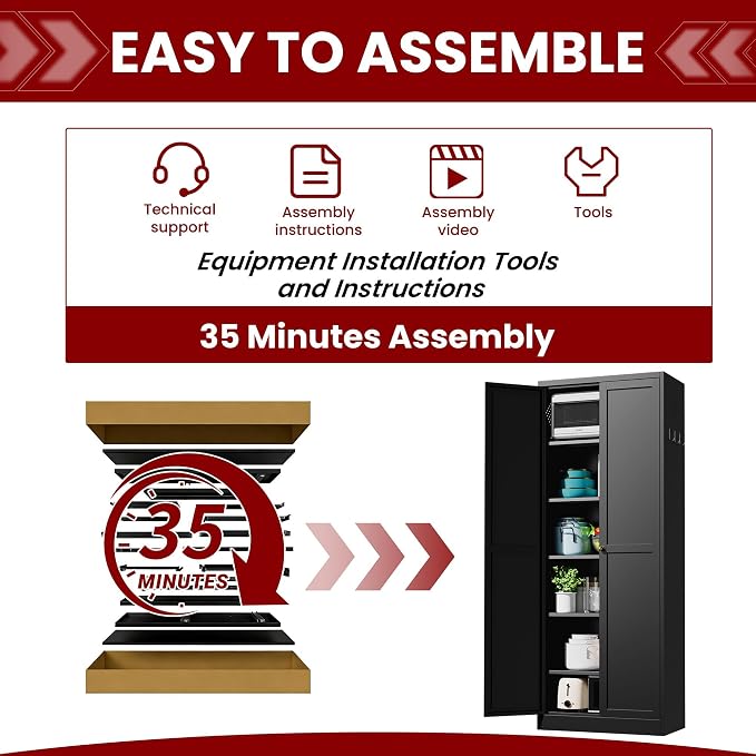 AQY Kitchen Pantry Cabinet,72" Black Pantry Storage Cabinet with 5 Tier Adjustable Shelves and 2 Doors,Freestanding Cupboard,Metal Pantry Cabinets with Handle for Living Room Kitchen Assembly Required