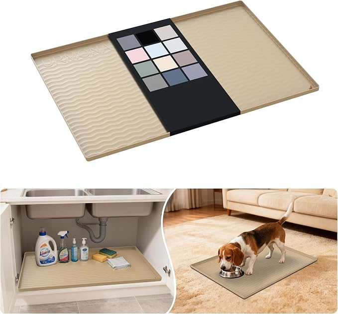 URMONA Waterproof Silicone Under Sink Mat 28'' x 22'' Shelf Liner for Kitchen and Bathroom, Cabinet and Counter Protector, Storage and Organizers, Litter Mat, Pet Cat Puppy Essentials(Khaki)