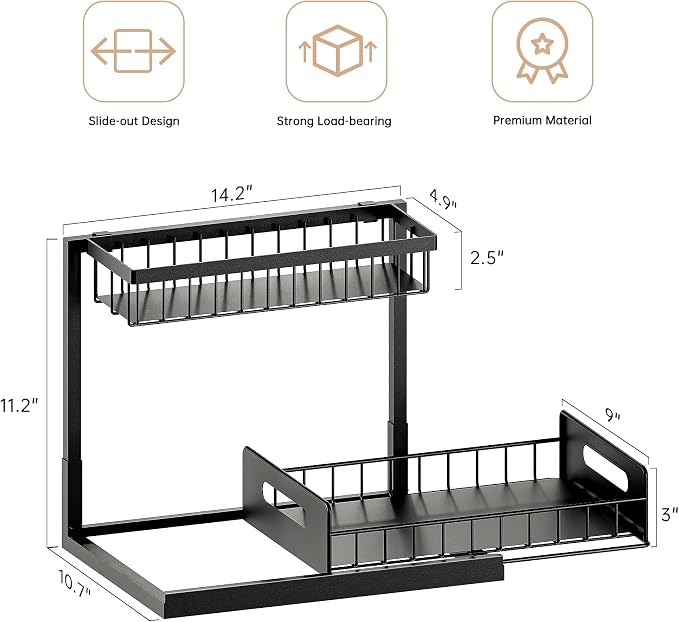 Under Sink Organizer and Storage 2 Pack, Slide Out Cabinet Organizer, Pull Out Sink Shelf for Kitchen Bathroom Laundry, Black