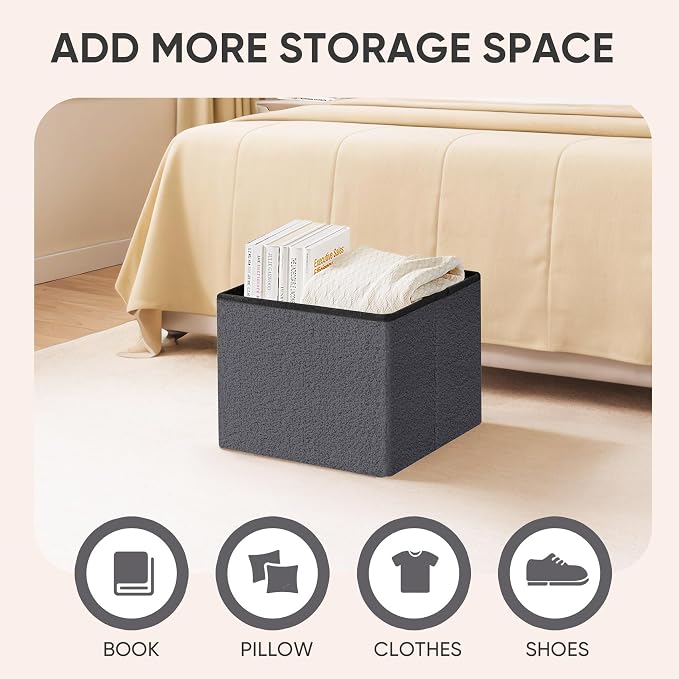 PINPLUS Storage Ottoman Cube Sherpa Ottoman Foot Rest,Small Foldable Portable Boucle Ottomans, Faux Teddy Fur, Grey 16.5"x12.6"x12.6"