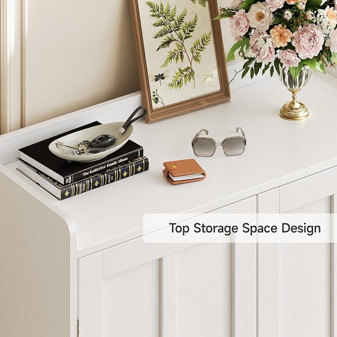 ComfyCorner White 7+1 Tier Farmhouse Shoe Storage Cabinet - 45" Tall Entryway Organizer with Cross Molding Doors, 3 Adjustable Shelves & Metal Legs, Shoe Rack for Front Door Entrance
