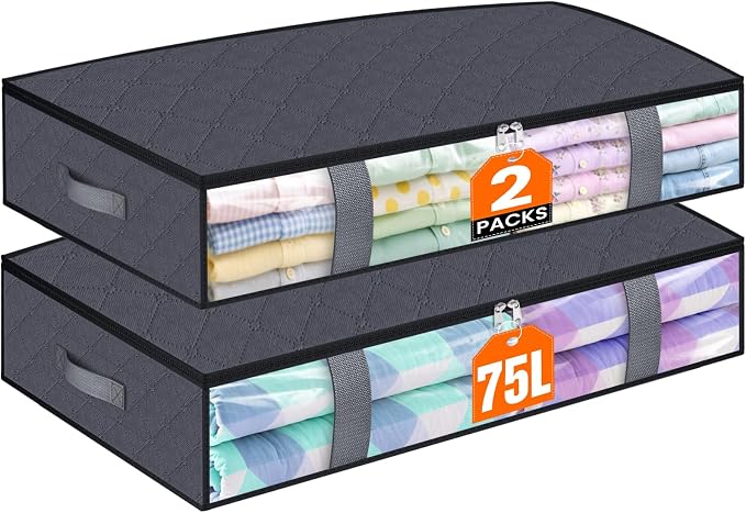 TasticTotes Under Bed Storage Containers, 2 Pack Blanket Storage Bags, Collapsible Storage Bags with Big Zippers, Clear Front, Shoe Storage and Organization for Clothes, Comforter, 75L, Grey