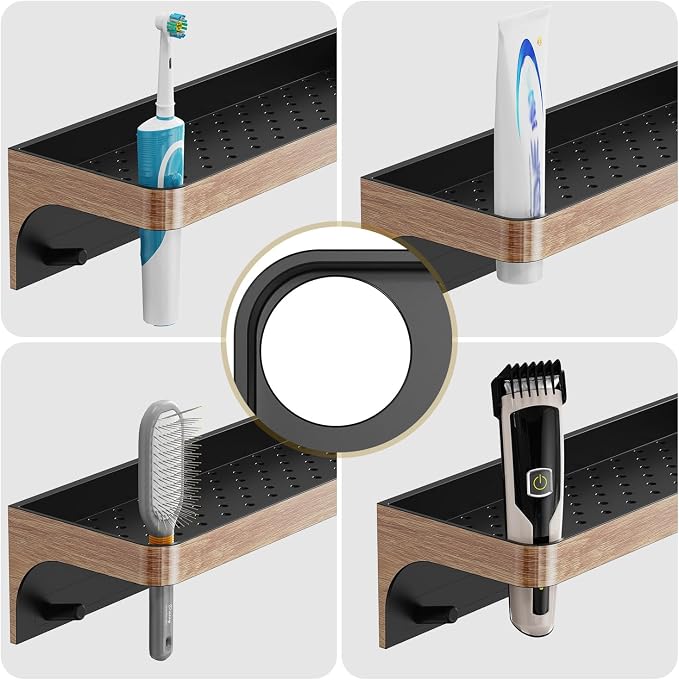 Shower Caddy Adhesive with 5 Hooks & Drainage, No-Drill, Wood | Plastic Wall Bathroom Shelf Rack Organizer, Inside Shower Storage Holder for Bath Accessories, Bathroom Shelves Wood-Look