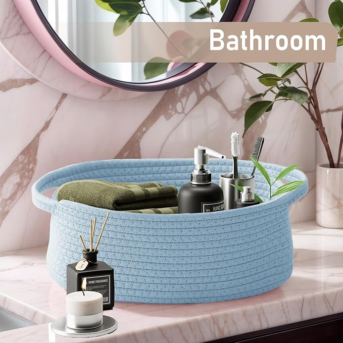 JMvicyroam Small Woven Basket, Empty Gift Basket, Blue/3 Pack | Small Gift Basket, Cotton Rope, 12 x 8 x 32 in, Handles, Includes Ribbon and Bag, Birthday Gift Basket