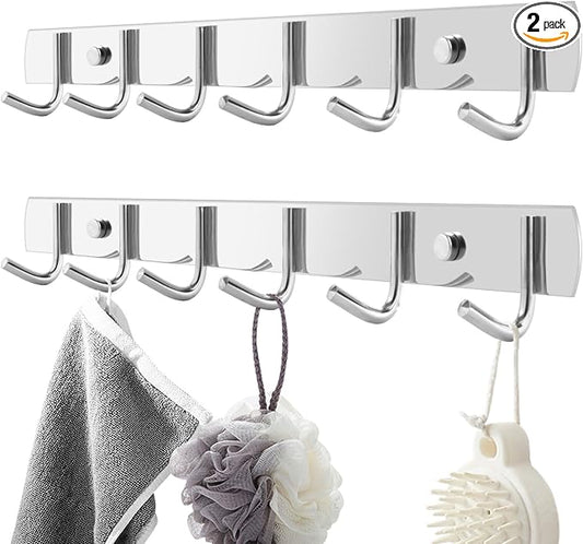 Coat Rack Wall Mount, 2Pack 6 Hooks Stainless Steel Towel Hooks | Easy-to-install 6-hook wall-mounted hooks suitable for bathrooms, kitchens and garages