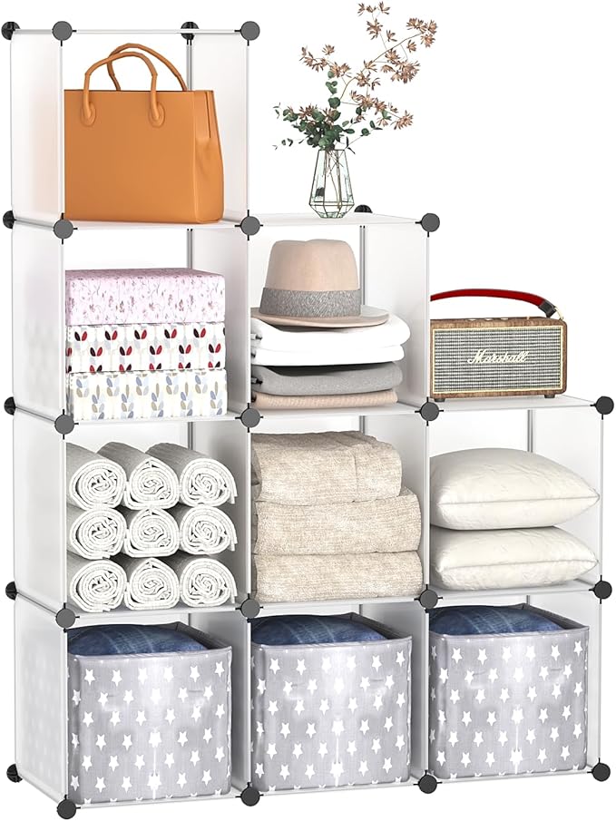 C&AHOME Cube Storage Organizer, 9-Cube Bookcase, Closet Cabinet White | DIY Stackable Bookshelf, Plastic Modular Shelving Units Ideal for Home, Office, Kids Room, 36.6" L x 12.4" W x 48.4" H
