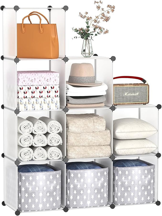 C&AHOME Cube Storage Organizer, 9-Cube Bookcase, Closet Cabinet White | DIY Stackable Bookshelf, Plastic Modular Shelving Units Ideal for Home, Office, Kids Room, 36.6" L x 12.4" W x 48.4" H
