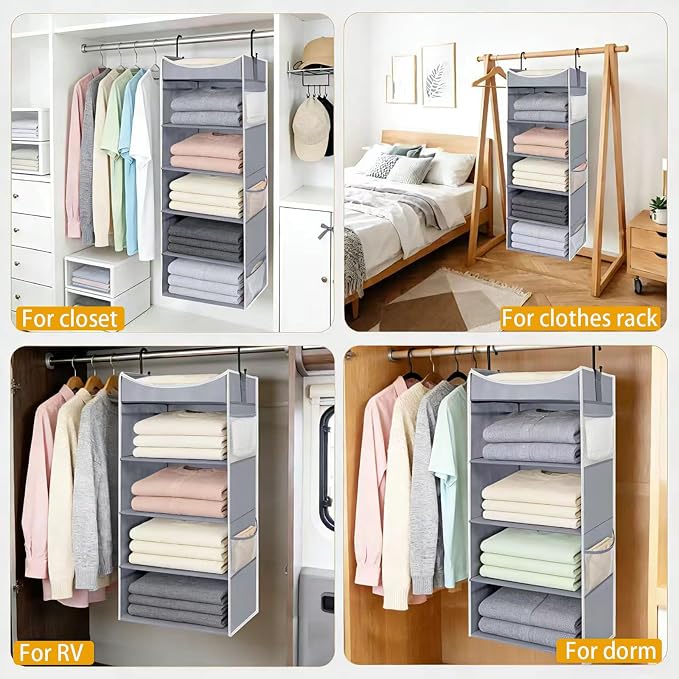 5-Shelf Hanging Closet Organizer and Storage with 6 Side Pockets, Collapsible Closet Hanging Shelves for Storage, Grey