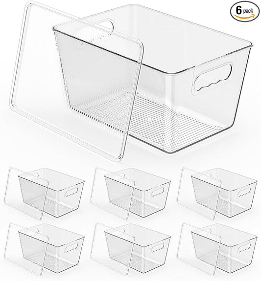 Clear Fridge Organizer with Handles & Lids, 6 Pack Large 11.5×7.5×6 Inch | Stackable Clear storage bins with handles, food organizer basket for kitchen, fridge, freezer