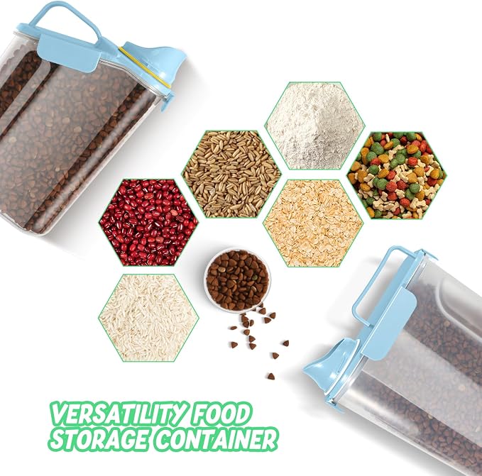 LEAWALK Dog Food Storage Container, Upgraded Large Nozzle BPA-free, 3+5 LBS Plastic Pet Food Storage Containers, With 4 Sealed Clasps, 1 Measuring Cup and Handle (Bright blue)