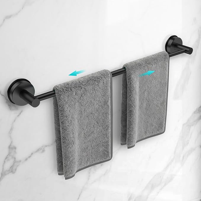Adjustable Suction Cup Towel Bar for Bathroom Wall,17 Inch~29 Inch Towel Racks for Bathroom,Stainless Steel Bath Towel Holder for Shower(Matte Black)