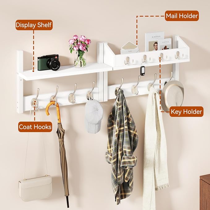 YMYNY 31.5" Coat and Key Rack Wall Mount with Shelf, White, HWS007W-2 | 4-in-1 Coat and Key Hanger with 12 Metal Hooks, Entryway Wall Shelf with Hooks & Mail Holder for Living Room, Bedroom