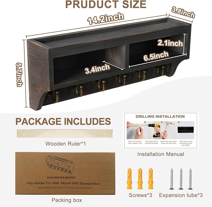 Key Holder Wall Mount with Mail Organizer, 6 Hooks & Shelf, Black | Wood Key Holder Wall Mount with 6 Key Hooks, Shelf & Storage Box and Mail Organizer for Entryway, Apartment, Home and Office