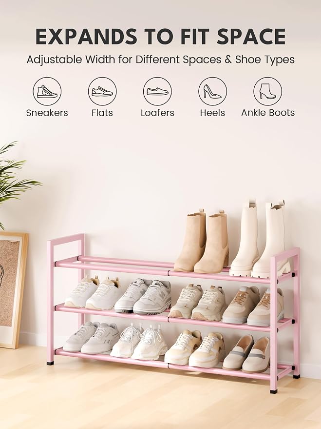 Bumusty 3 Tier Expandable Shoe Rack for Closet, Pink | 18"-33" Adjustable Shoe Rack for Entryway, Small Shoe Organizer for Dorm, Front Door, Sturdy Metal