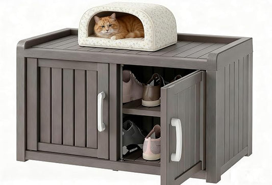 Shoe Storage Cabinet Waterproof UV-Resistant, Entryway Storage Bench Indoor Outdoor with 2 Barn Doors, Adjustable Shelves for Entryway, Bedroom, Hallway,Living Room(Classic Grey)