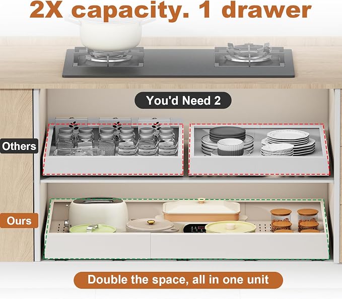 Pull out Cabinet Organizer,Width (23"-31") and Depth (17"-24") Expandable With 5 Rails,No Drill Adjustable Slide out Drawers for Kitchen,Pantry,Adhesive Roll out Shelves,for Cabinets Without Lip,White