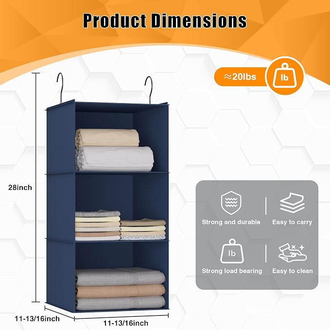 Hanging Closet Organizer 3-Shelf, Oxford Fabric Wardrobe Storage, Navy Blue | Easy-mount foldable design holds clothes, handbags, shoes & accessories; washable Oxford fabric, sturdy and space-saving.