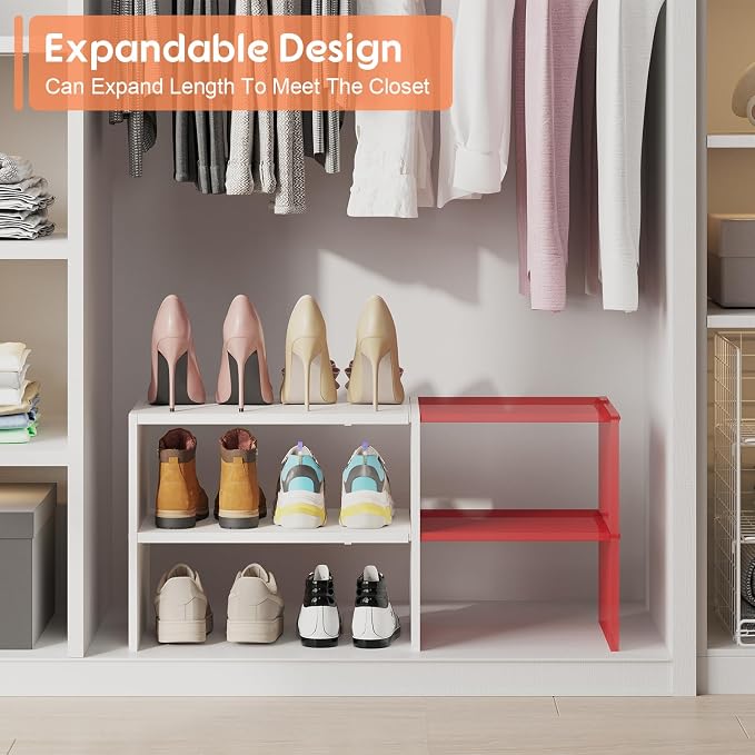 2 Pack Expandable White Shoe Rack Organizer for Closet, 2-Tier Stackable Shoe Storage Shelf, Small Iron Wood Combination Shoe Shelves for Closets,Entryway,Front Door, Narrow Space,Hallway,15-24 Pairs
