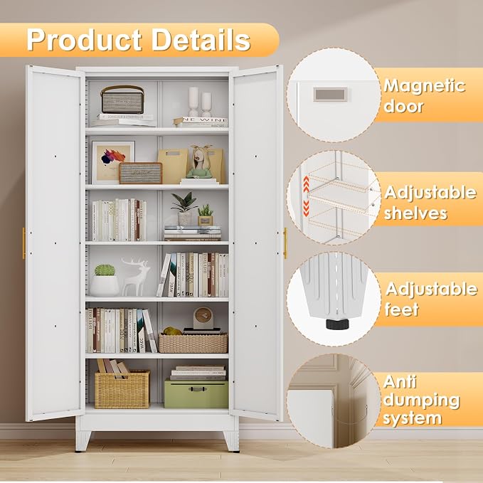 75.2" Tall Metal Kitchen Pantry Storage Cabinet, Freestanding Cupboard with 2 Doors and 5 Adjustable Shelves, Standing Storage for Kitchen, Bathroom, Garage, Dinning Room or Utility Room