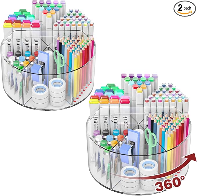 500 PCS Acrylic Pencil Holder, 360 Rotating Clear Marker Organizer, Pen Crayon Marker Caddy Organizer for Desk, Desktop Storage and Organizer for Office School Art Supplies, 2 Pack