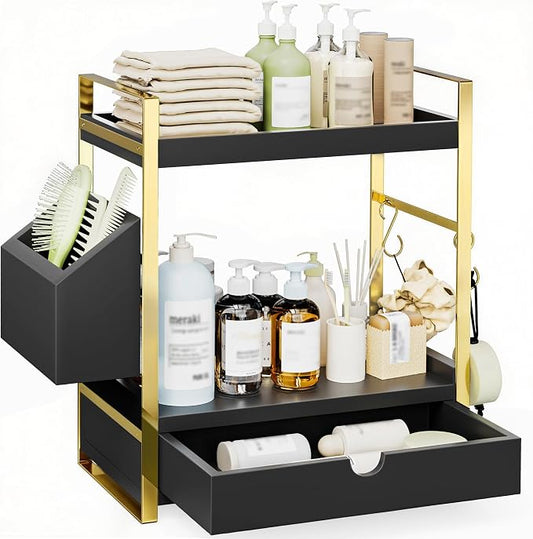 2-Tier Bathroom Counter Organizer, Wooden Vanity Shelf with Drawer & Basket | Pre-Drilled Holes, Skincare & Makeup Countertop Organizer and storage, Black-gold