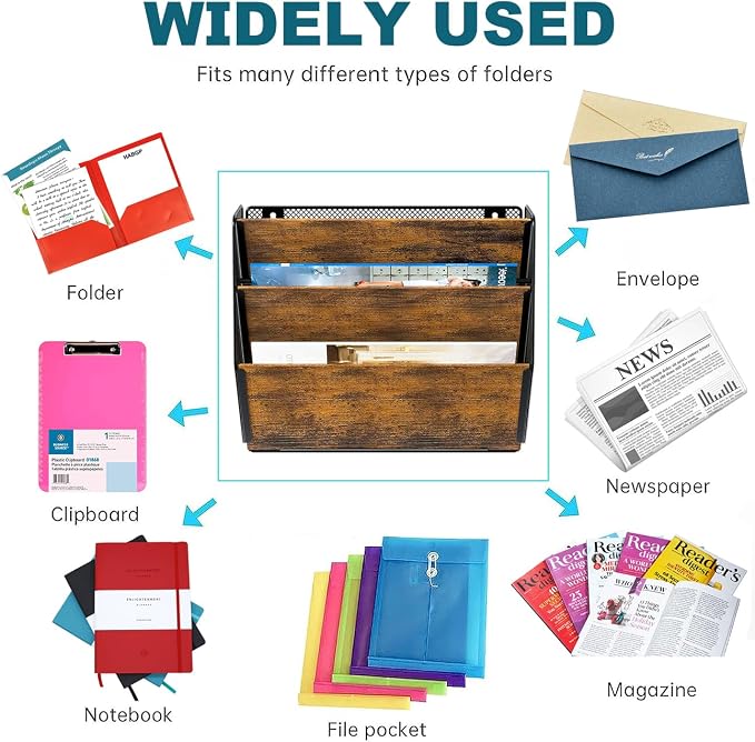 Wall File Organizer for Office, 3-Tier Rustic Hanging File holder Wall Storage Rack for Documents/Magazine/Literature/File Folders/Mails/Envelopes, Brown