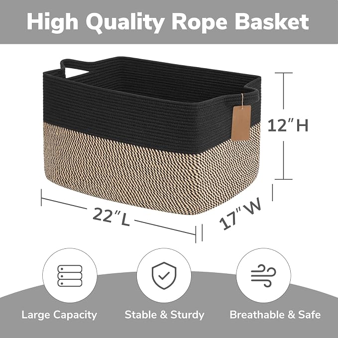 Goodpick Extra Large Wicker Storage Basket with Handles, Black & Jute | 75L, 22 × 17 × 12 in, Rectangle, Blankets, Pillows, Toys & Clothes Storage, Home Decor, Living Room & Nursery Organization