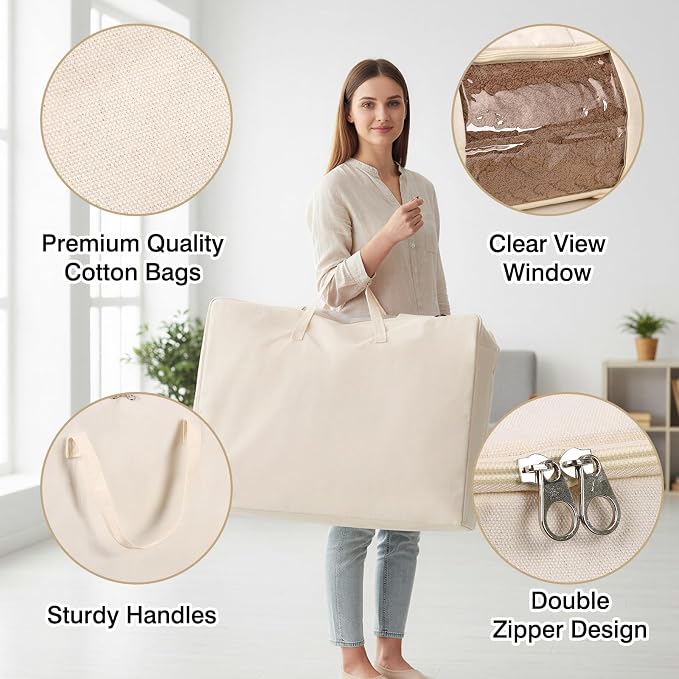 Comforter Storage Bags 70L Canvas Closet Organizer Clothes Container 4 Pack