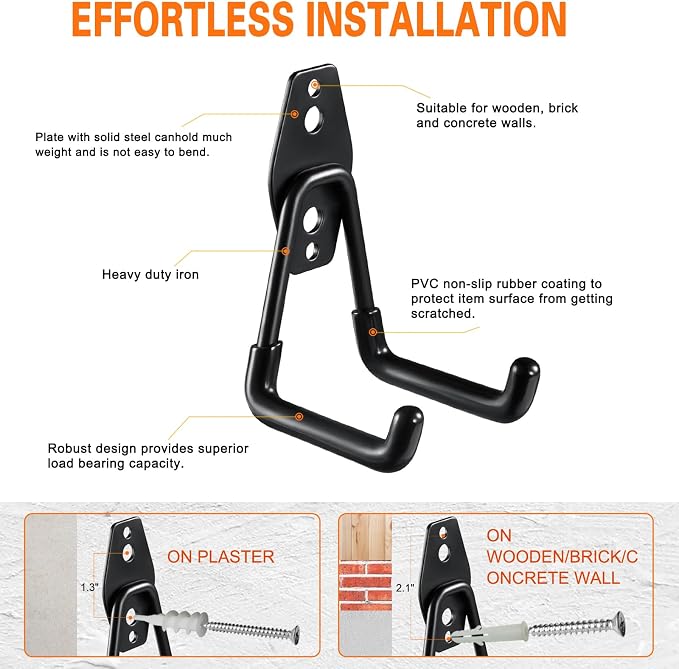 HUPBIPY Heavy Duty Garage Hooks 6 Pack, 2.8 inch Small U Shaped Hanger, Wall Mounted Storage System, Power and Garden Tool Organizer, for Hanging Ladders, Hose, Bulk Items and More