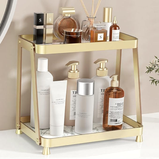 2-Tier Acrylic Bathroom Vanity Organizer, Gold | Bathroom Counter Storage Shelf with Marble-Look Tray, Holds Cosmetics, Perfume, Makeup & Skincare Products