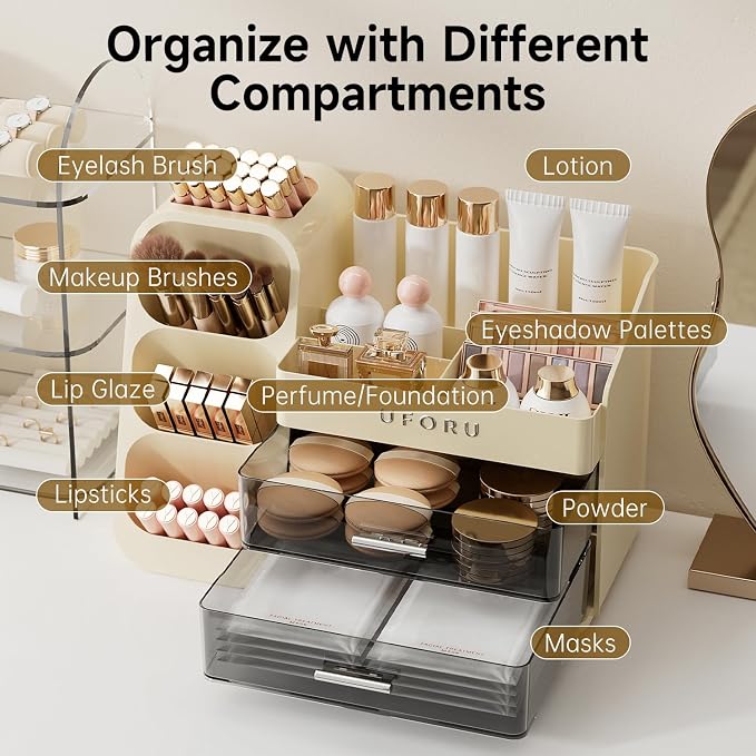 UFORU Makeup Organizer Countertop with Brush Holder for Vanity Bathroom | Large Capacity, Thickened Plastic, 2 Clear Drawers, Compact Size, Detachable Brush Holder, Divided Compartments, Easy Access
