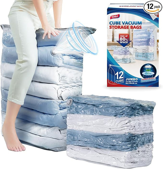 TAILI 12 Pack Cube Vacuum Storage Bags, Jumbo Size(31x40x15 inch), Clear | XL Large Vacuum Seal Bags for Clothing, Comforters, Blankets, Bedding, Space Saver No Pump Compression Cube