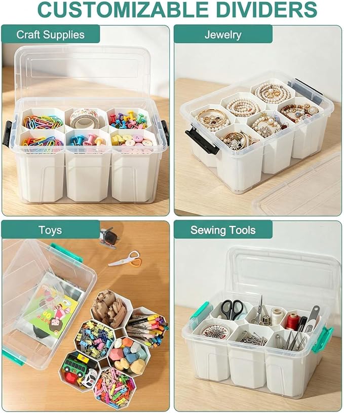 EOENVIVS Clear Storage Tote with 6 Tall Inserts, Large Plastic Organizer Box with Lid and Handles, 15.94x11.61x7.28 Inches, Multi-Functional Container for Cosmetics, Toys, School Supplies