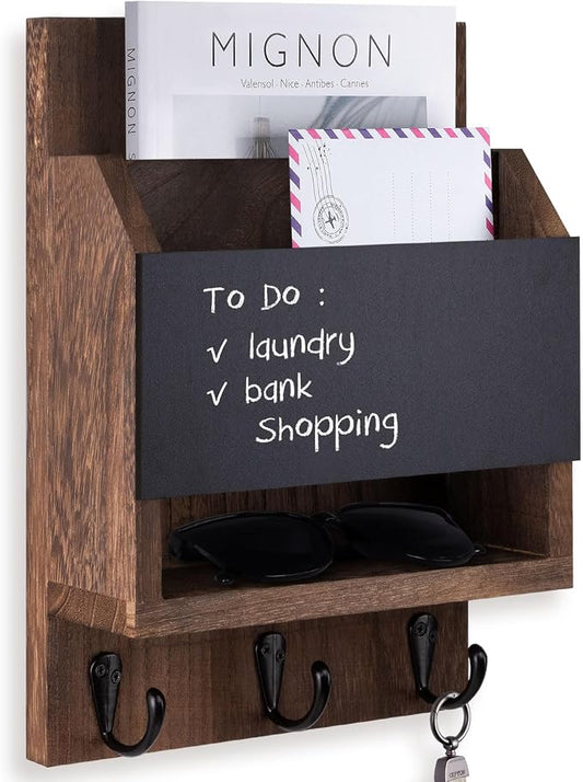 Key and Mail Holder for Wall, Key Holder with Chalkboard and Long Storage Box, Key Hanger with 3 Sturdy Hooks for Coat, Dog Leash, Entryway Mail Organizer (Brown)